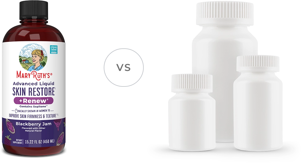 A bottle of Mary Ruth's liquid supplement is shown next to three generic white supplement bottles.