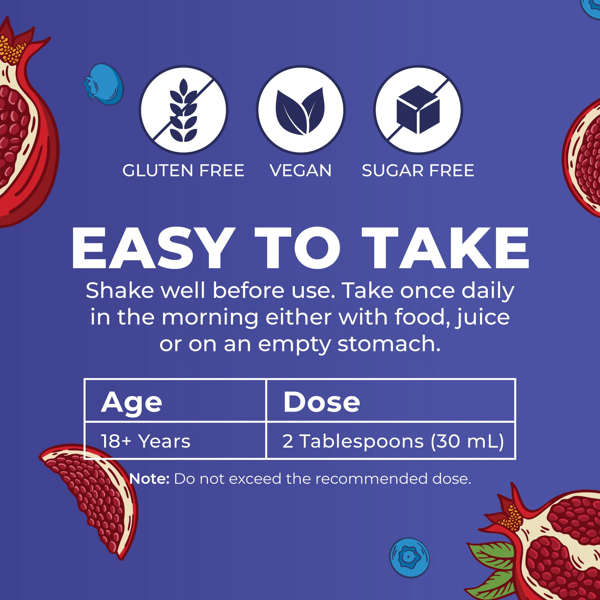 A graphic with supplement instructions, noting it is gluten-free, vegan, and sugar-free with dosage information.