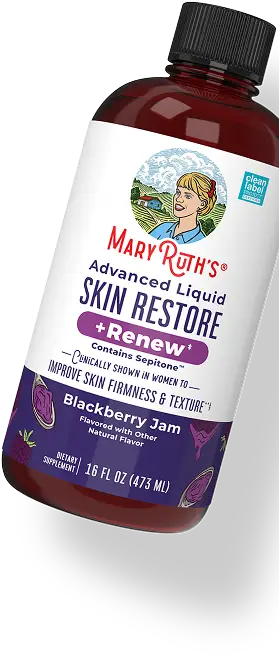 A bottle of MaryRuth's Advanced Liquid Skin Restore + Renew dietary supplement in Blackberry Jam flavor.