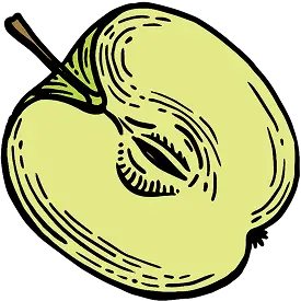 A colored illustration of an apple sliced in half, showing the core and seeds.