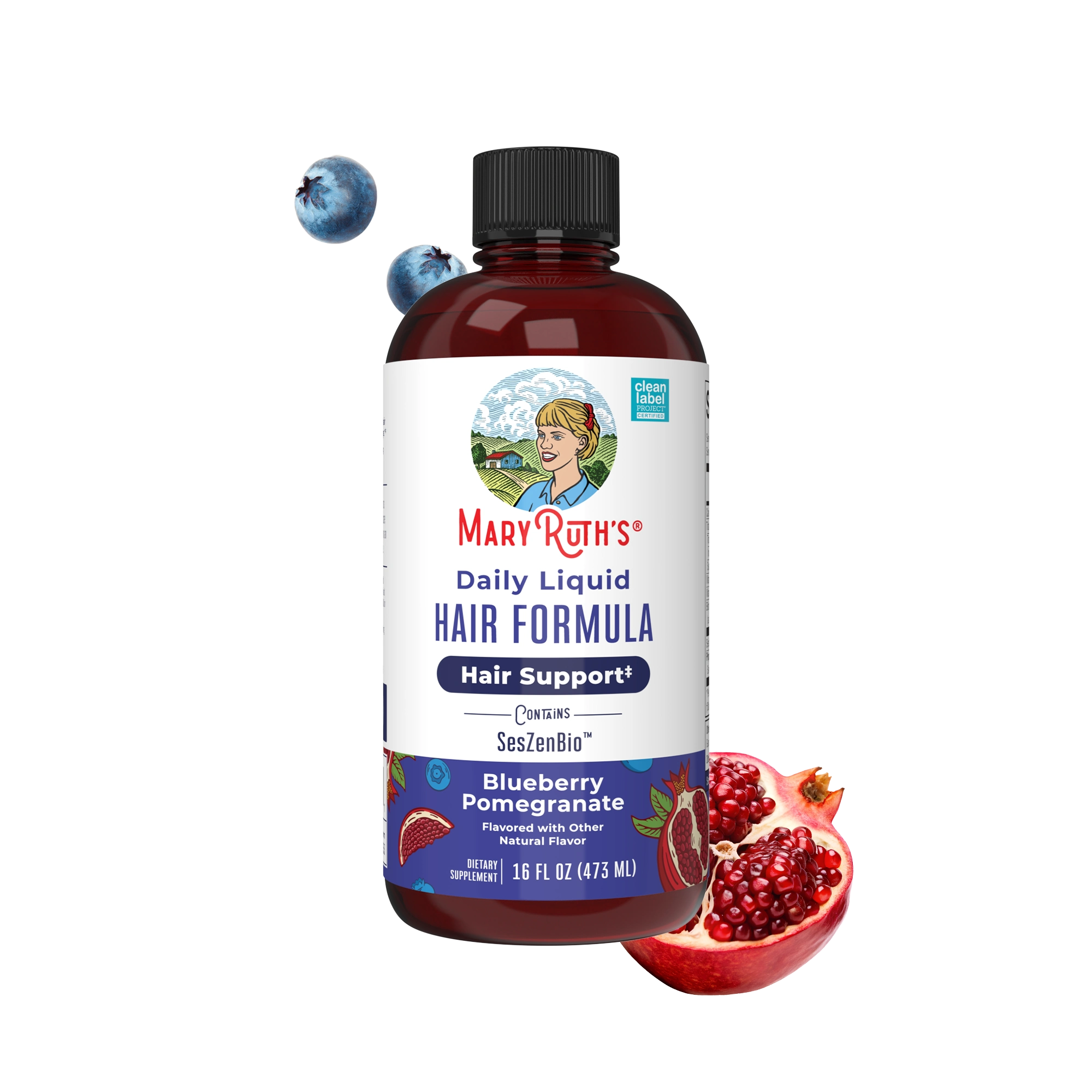 A bottle of Mary Ruth's liquid hair formula, blueberry pomegranate flavor, next to blueberries and a pomegranate.