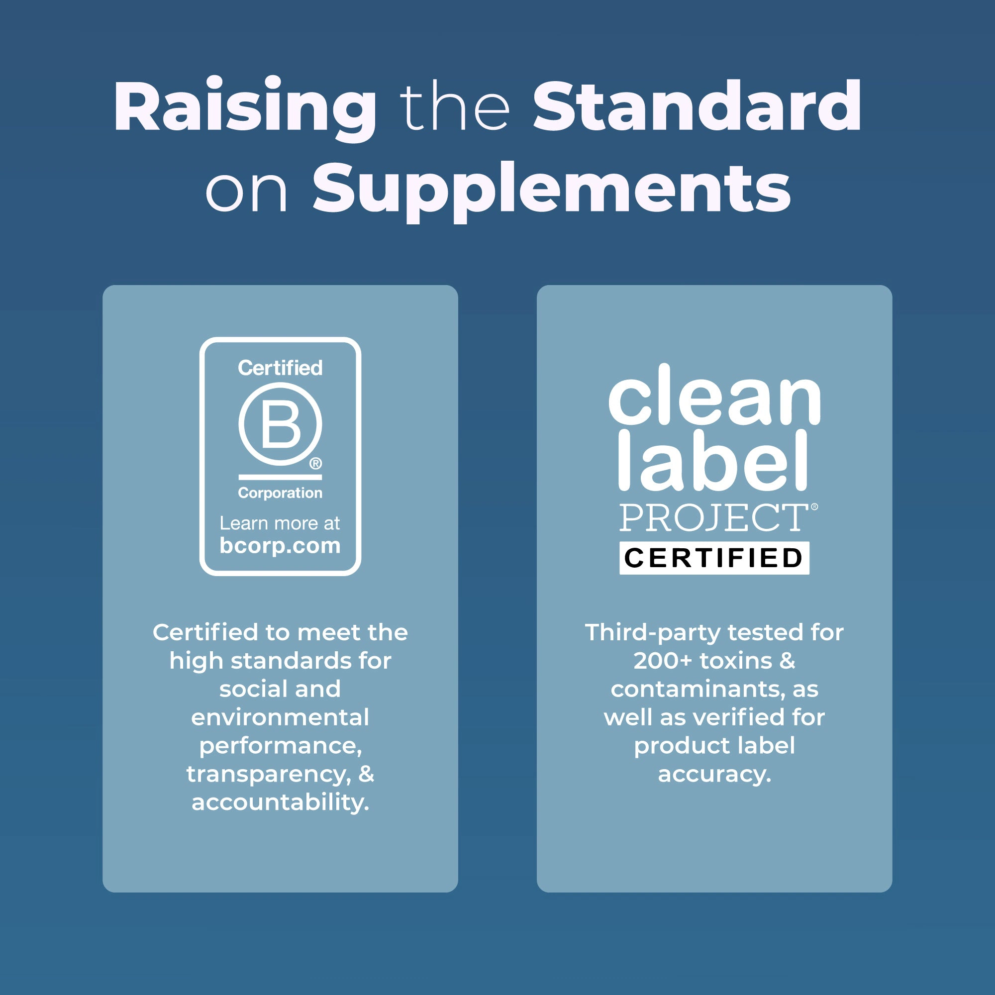 Infographic showing B Corp and Clean Label Project certifications for supplements.