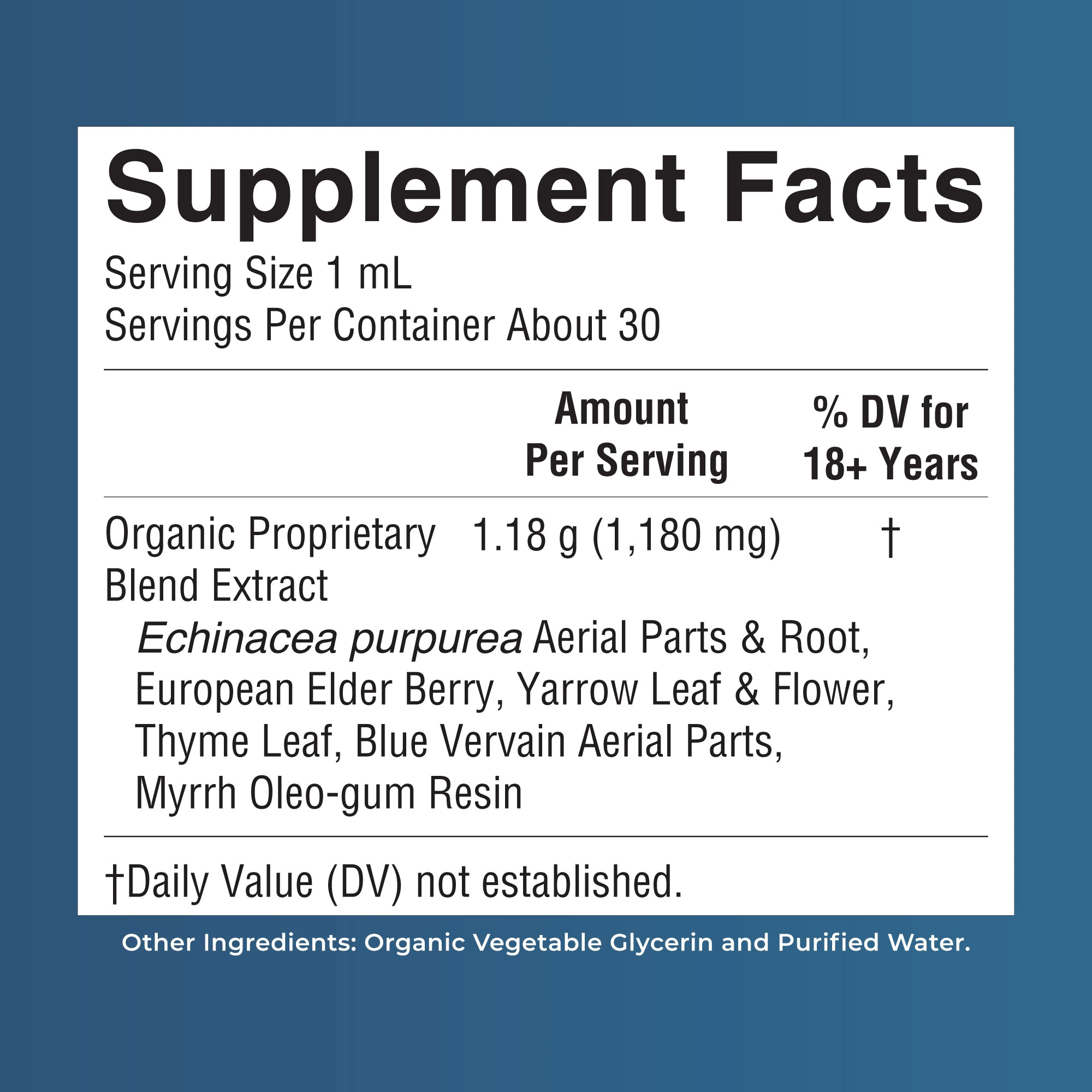 The supplement facts label for an organic herbal blend, showing ingredients like echinacea, elderberry, and thyme.
