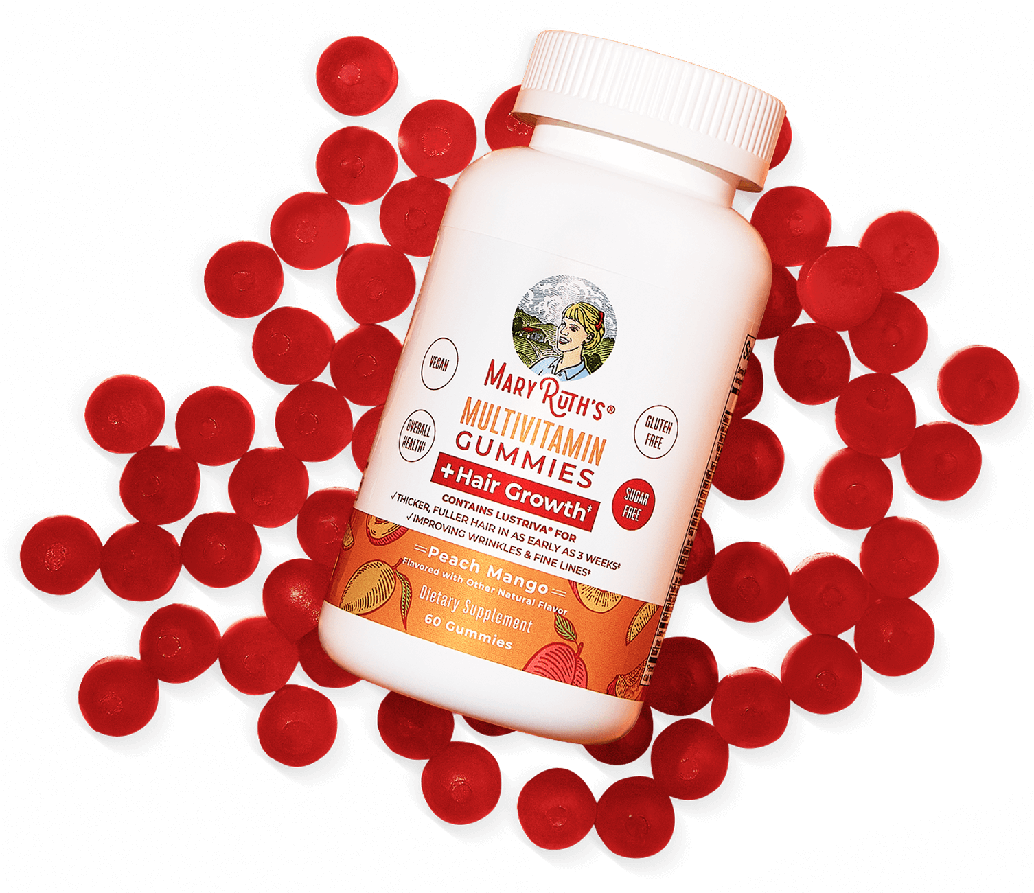 Bottle of multivitamin gummies surrounded by red gummies on a black background.