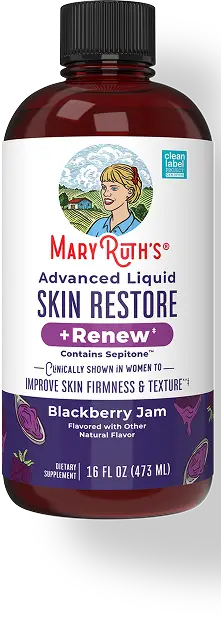 A bottle of MaryRuth's Advanced Liquid Skin Restore + Renew dietary supplement, Blackberry Jam flavor.