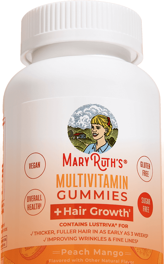 Bottle of Mary Ruth's Multivitamin Gummies for hair growth, peach mango flavor.