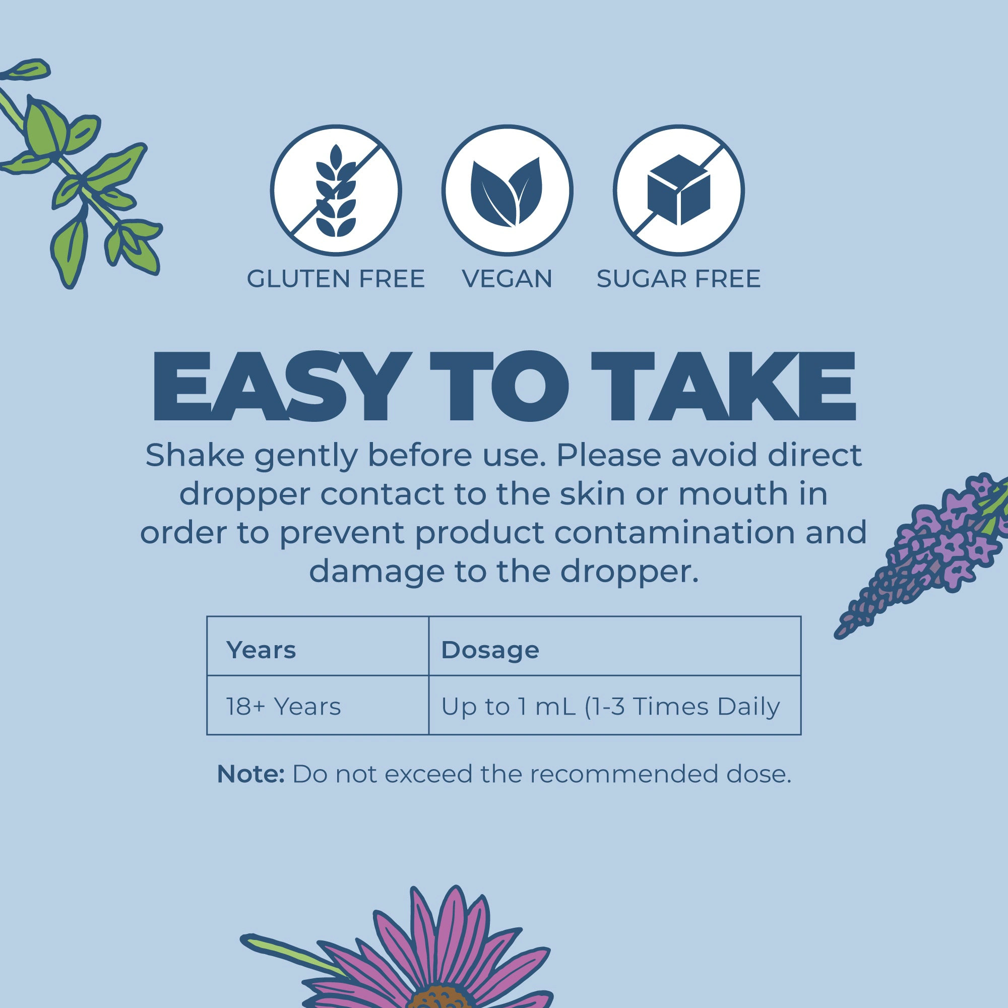 Instructions and dosage chart for a supplement, showing it is gluten-free, vegan, and sugar-free.