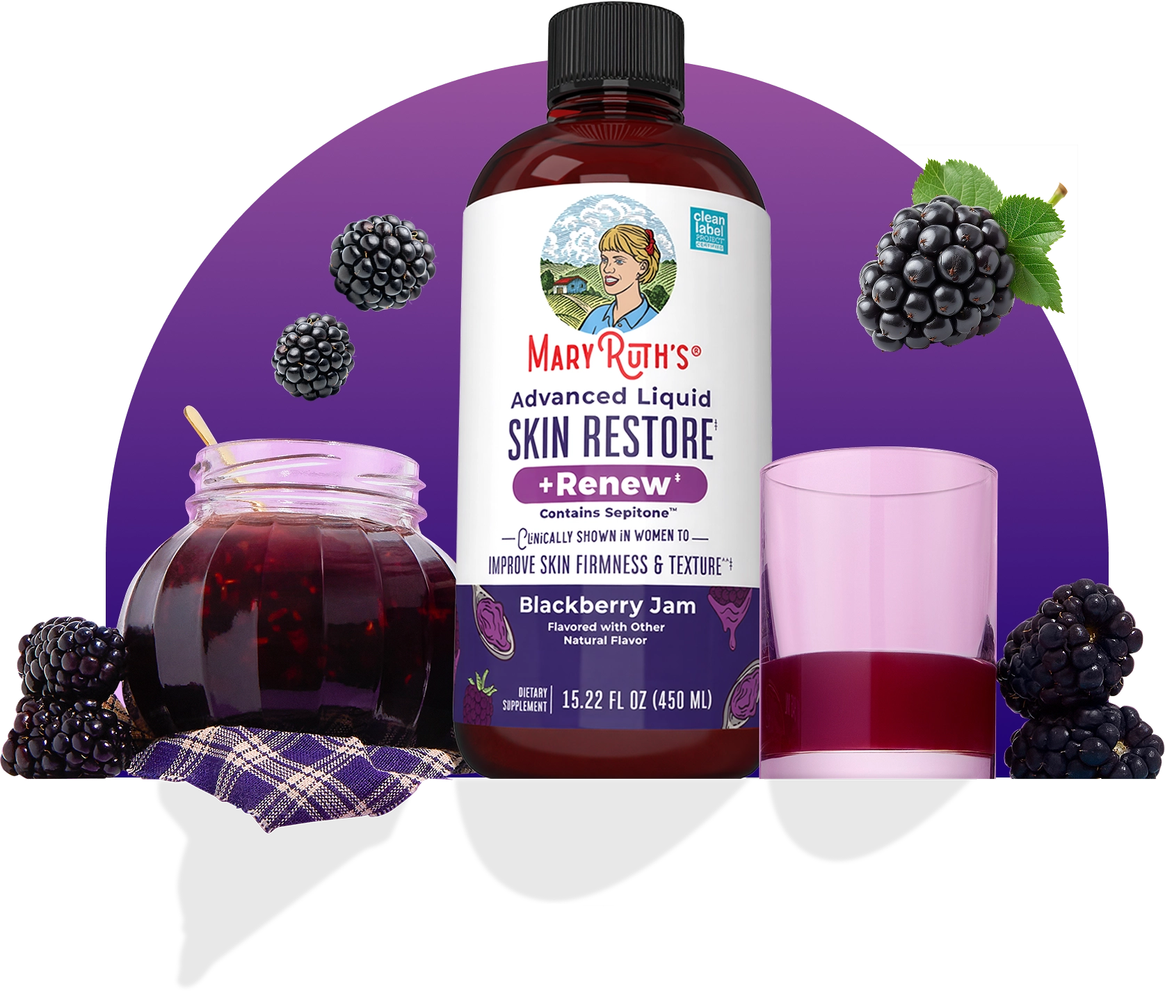 Mary Ruth's Skin Restore liquid supplement, blackberry jam flavor, with fresh blackberries, jam, and a glass.