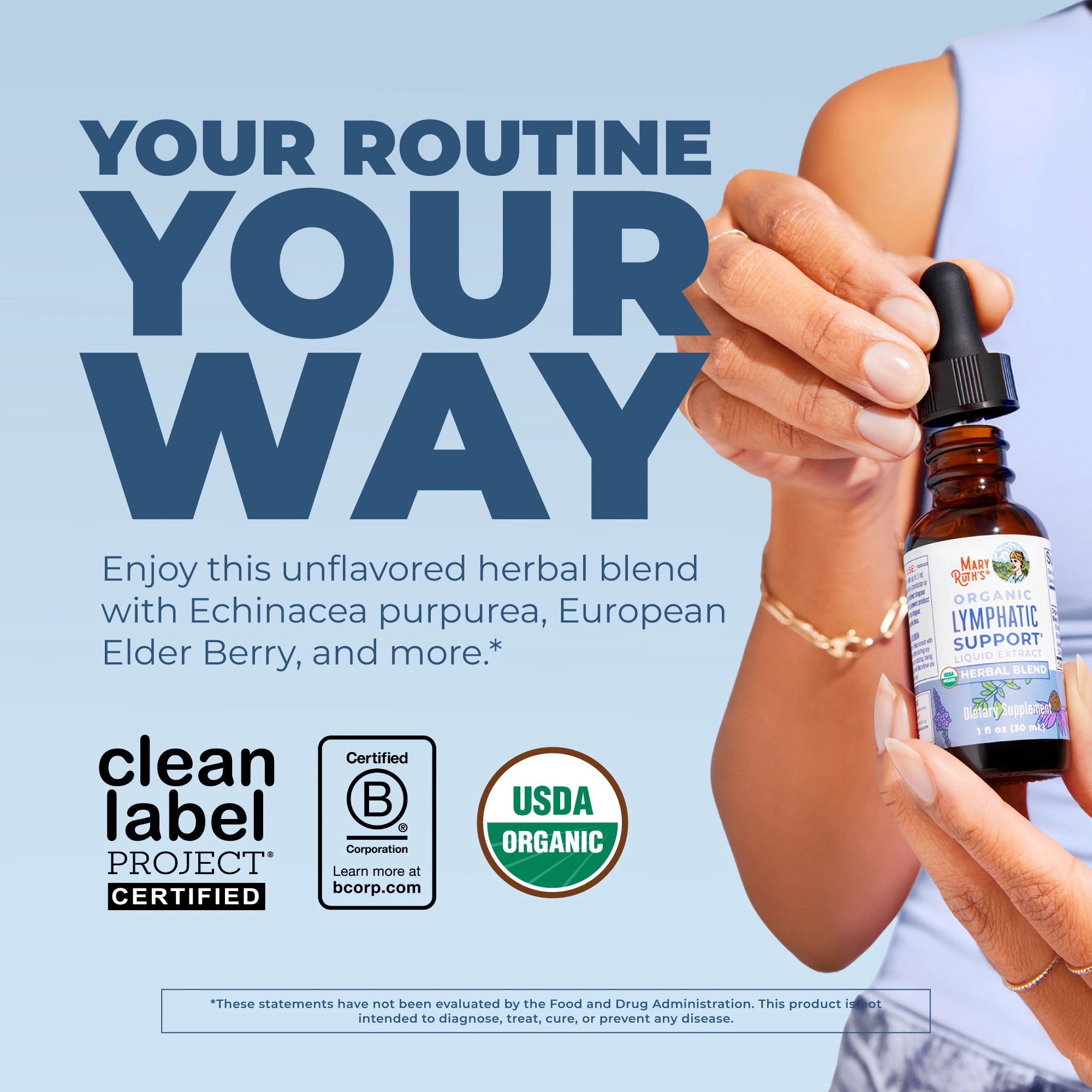 A woman's hands hold a dropper and bottle of Mary Ruth's Organic Lymphatic Support herbal blend.