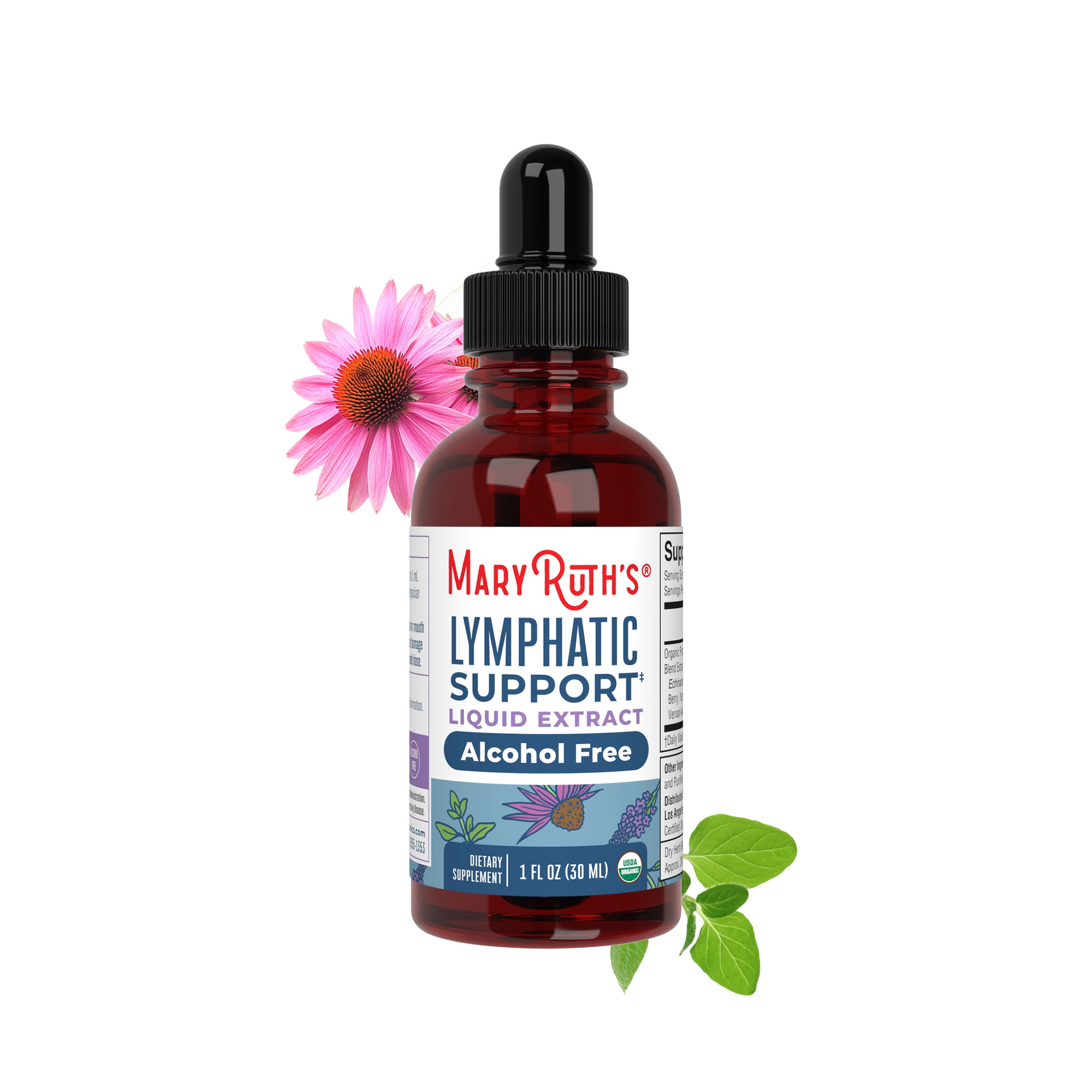 A bottle of Mary Ruth's Lymphatic Support liquid extract with a pink coneflower and green leaves.
