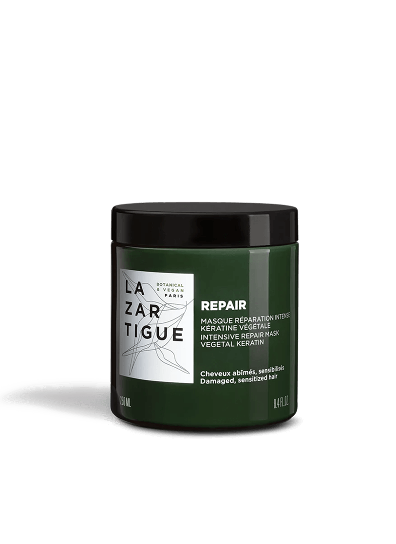 Green jar of Lazartigue Repair Intensive Repair Mask with black lid.