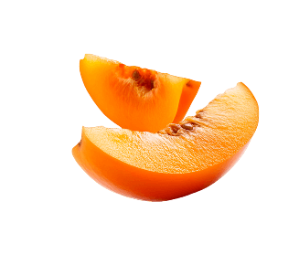 Two slices of ripe orange fruit on a white background.