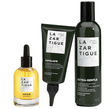 Three Lazartigue hair care products including oil, exfoliate, and extra-gentle shampoo.