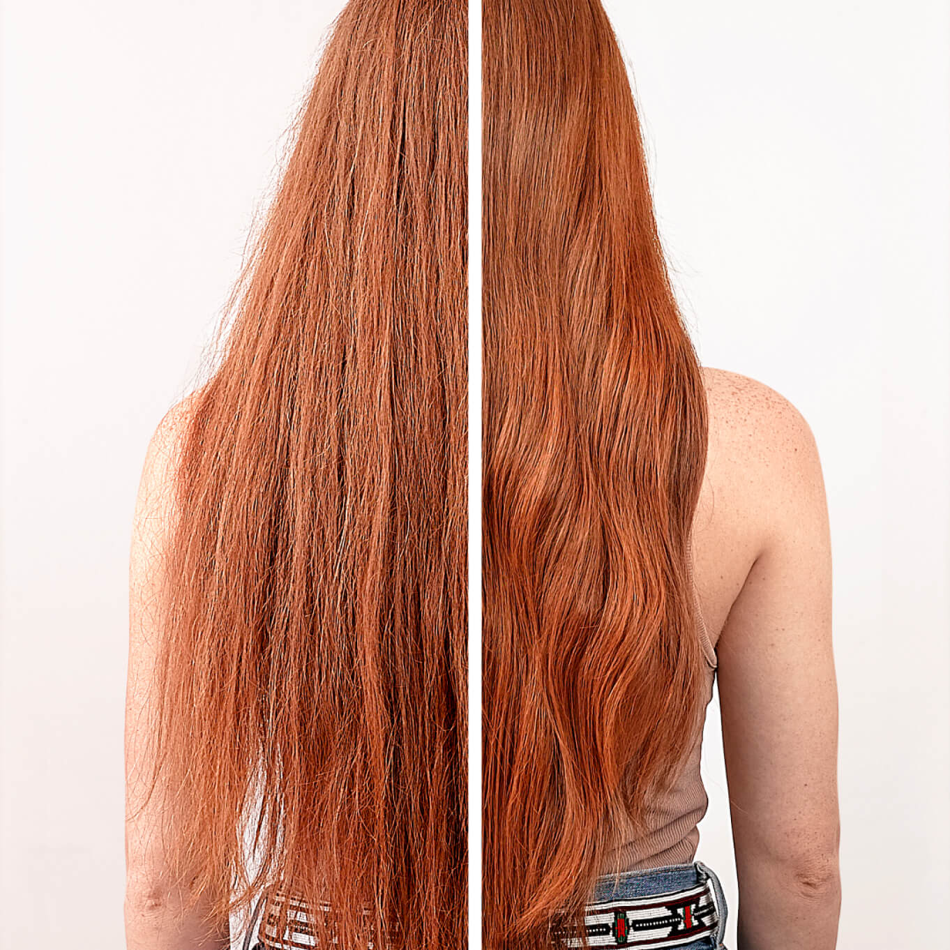 Side-by-side comparison of long red hair, frizzy on left, smooth on right.