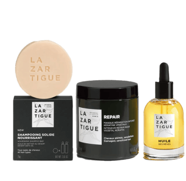 Three La Zartigue hair care products including shampoo, repair mask, and oil.