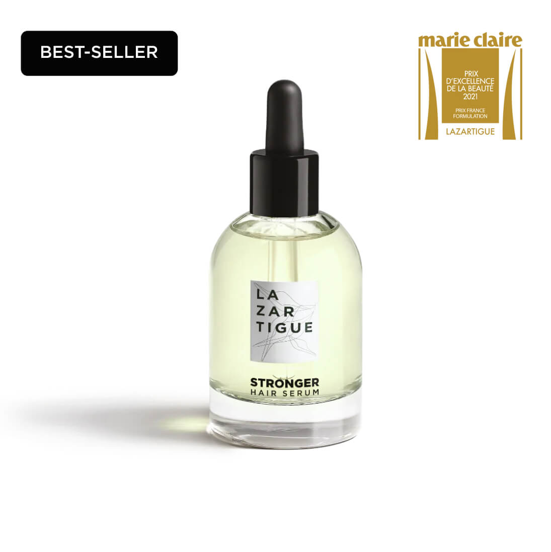 A bottle of Lazartigue Stronger Hair Serum with a dropper.