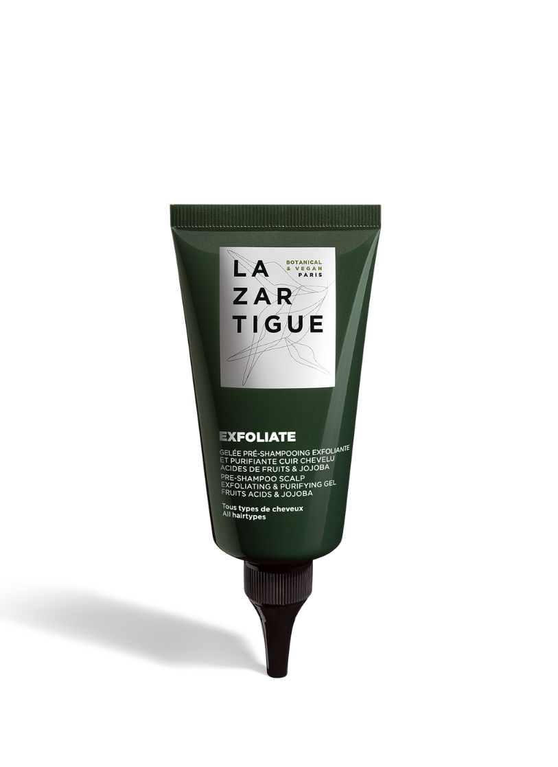 Green tube labeled 'Lazartigue Exfoliate,' featuring botanical design, black cap.