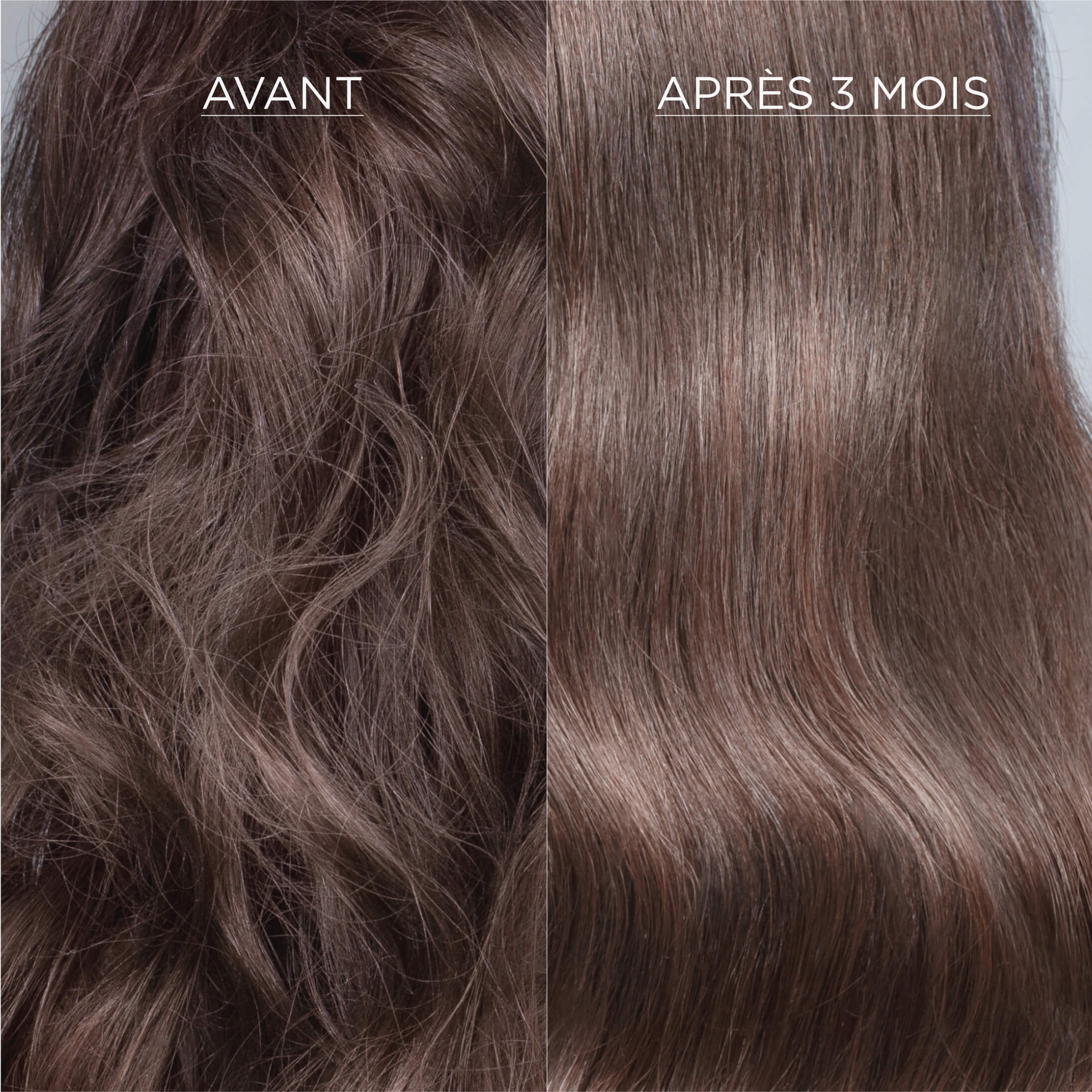 Comparison of frizzy and smooth brown hair labeled 'Avant' and 'Après 3 Mois.'
