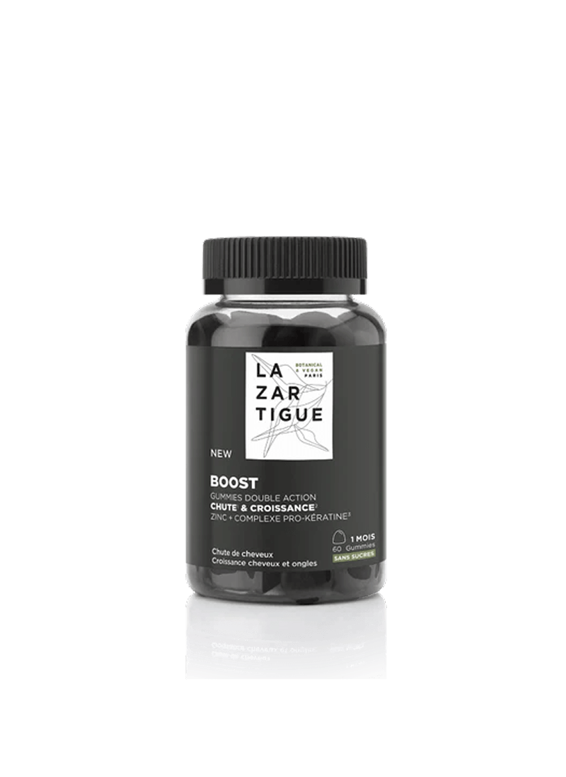 Black bottle of Lazartigue Boost gummies with a black cap.