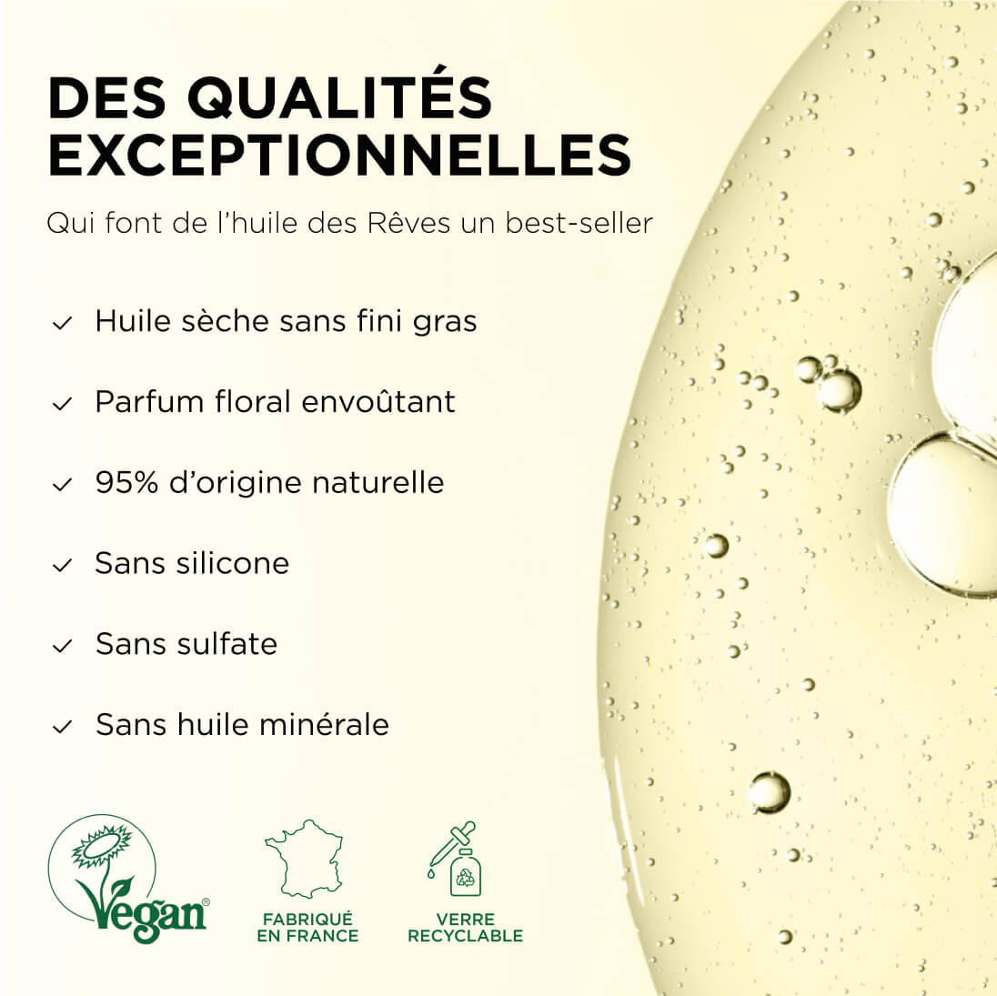 French text listing qualities of a vegan oil product with icons.