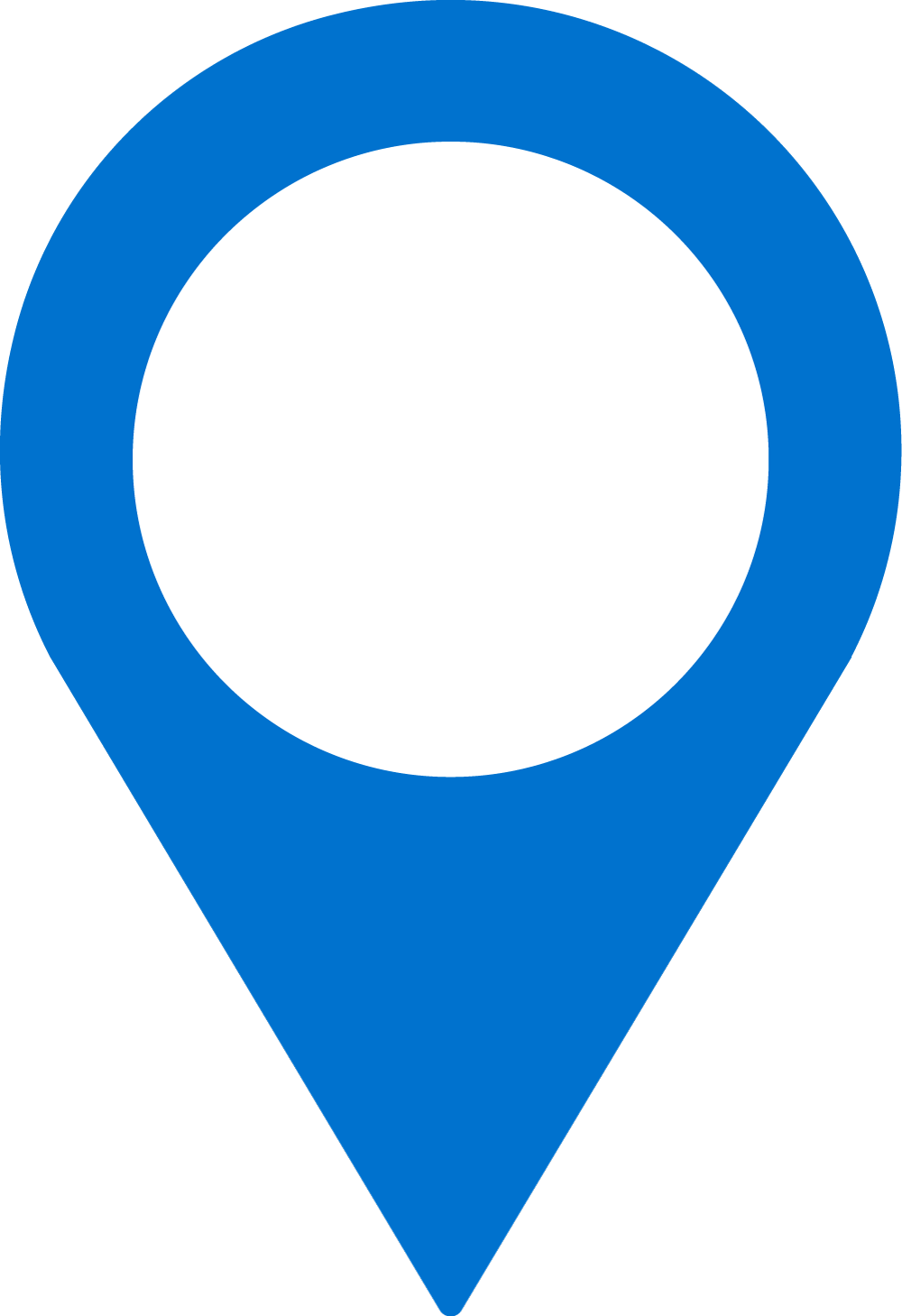A blue map pin icon with a white circle in the center against a black background.