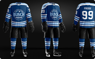 Three views of a blue and black hockey uniform with number 99.