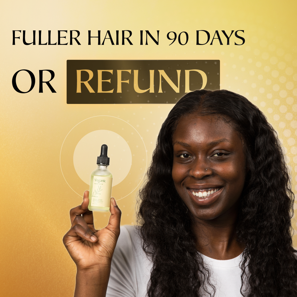 Smiling person holding a hair product bottle with text about fuller hair in 90 days.