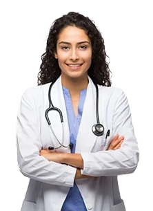 Person in a white coat with a stethoscope, smiling and arms crossed.