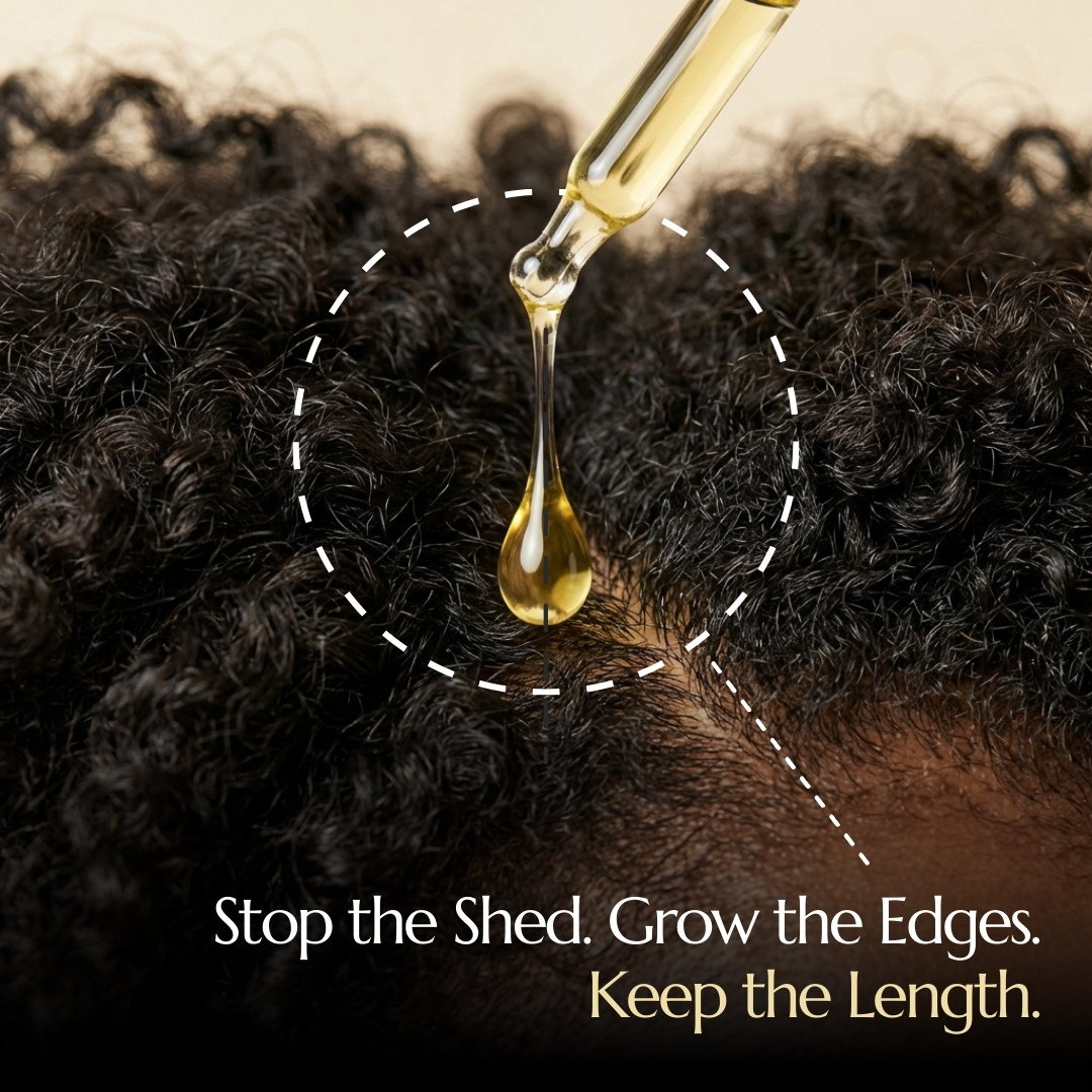 A close-up of a dropper applying a drop of golden oil to a scalp with dark, coily hair.