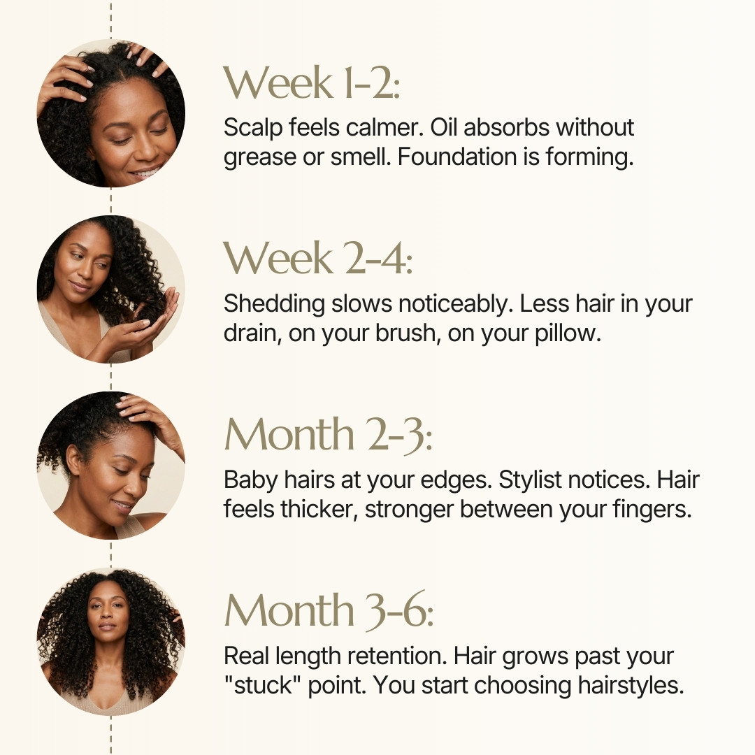 A timeline showing a woman's hair progress from week one to month six, with corresponding photos.