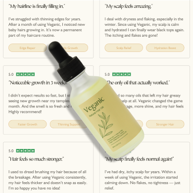 A bottle of Veganic hair product overlaid on customer reviews.