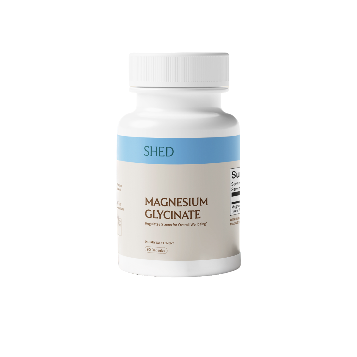 White bottle labeled 'Magnesium Glycinate' with 90 capsules, by SHED.