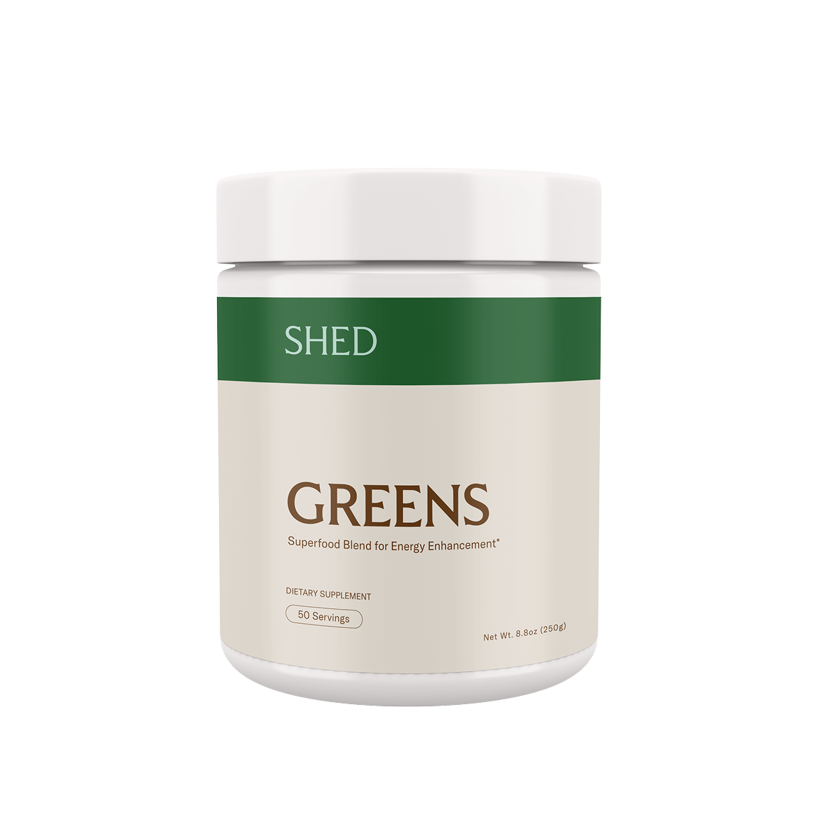 A container of GREENS superfood blend for energy enhancement.