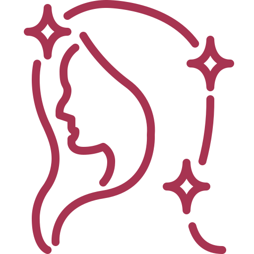 Outline of a woman's profile with sparkles around, in red line art.