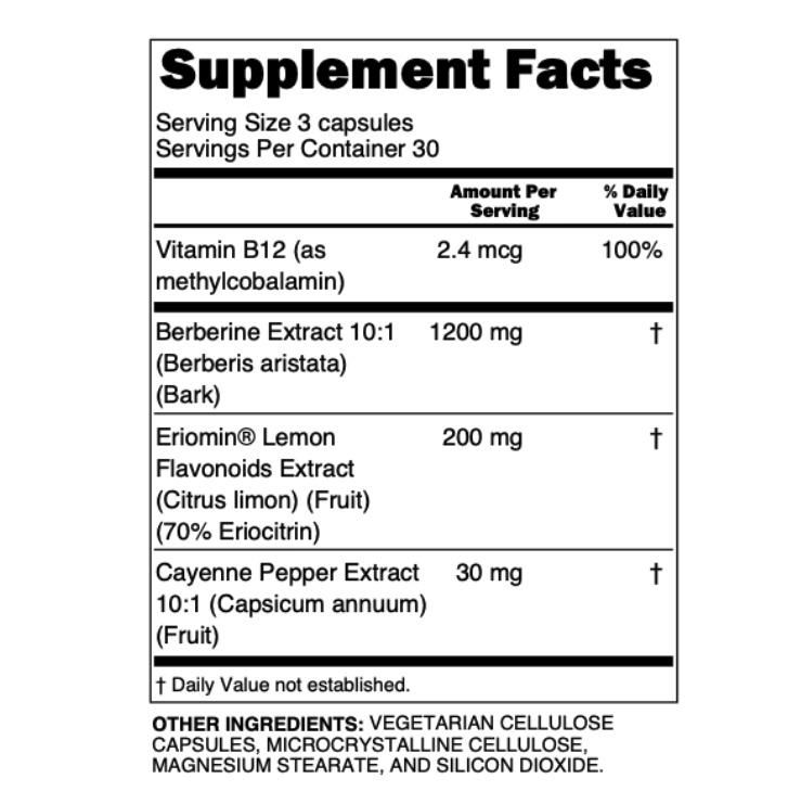 Supplement facts label with ingredients and amounts per serving.