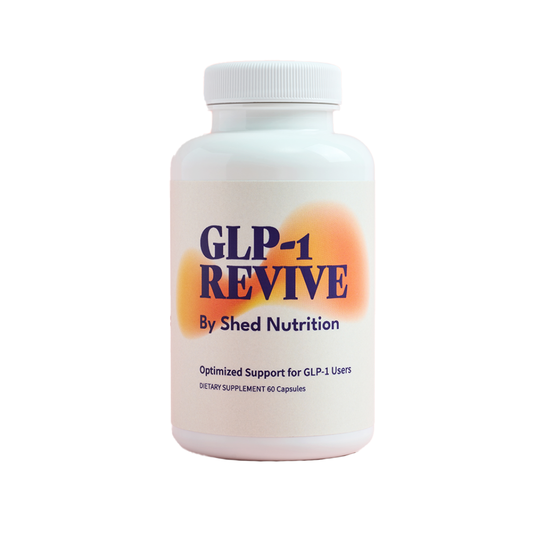 White bottle labeled 'GLP-1 Revive' by Shed Nutrition.