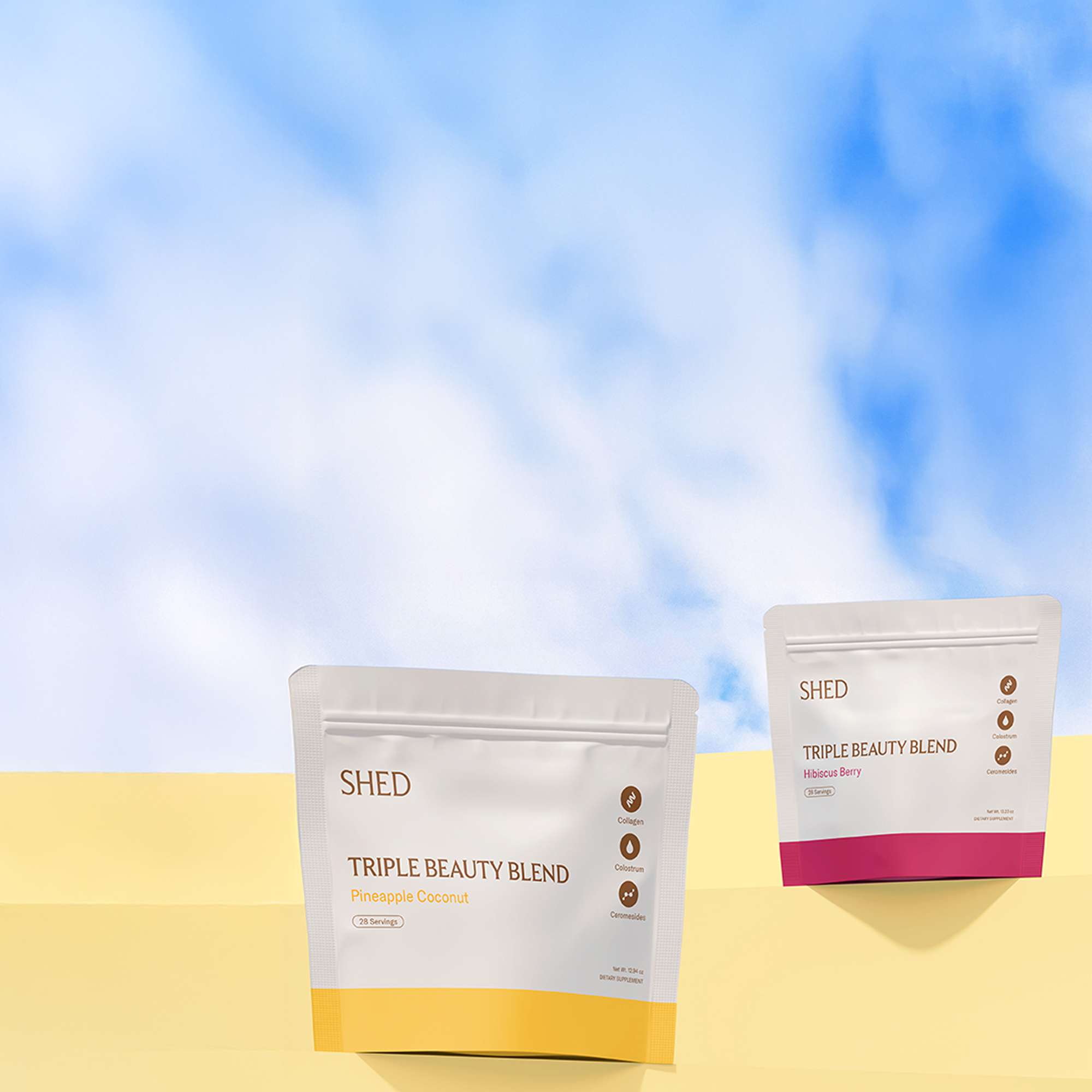 Two packaged products labeled 'Shed Triple Beauty Blend' against a blue sky.