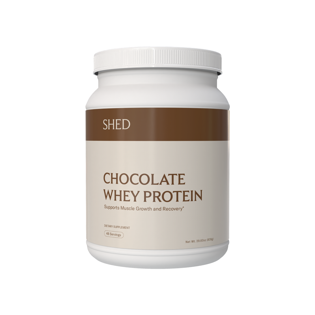 White container labeled 'Chocolate Whey Protein' with brown accent.
