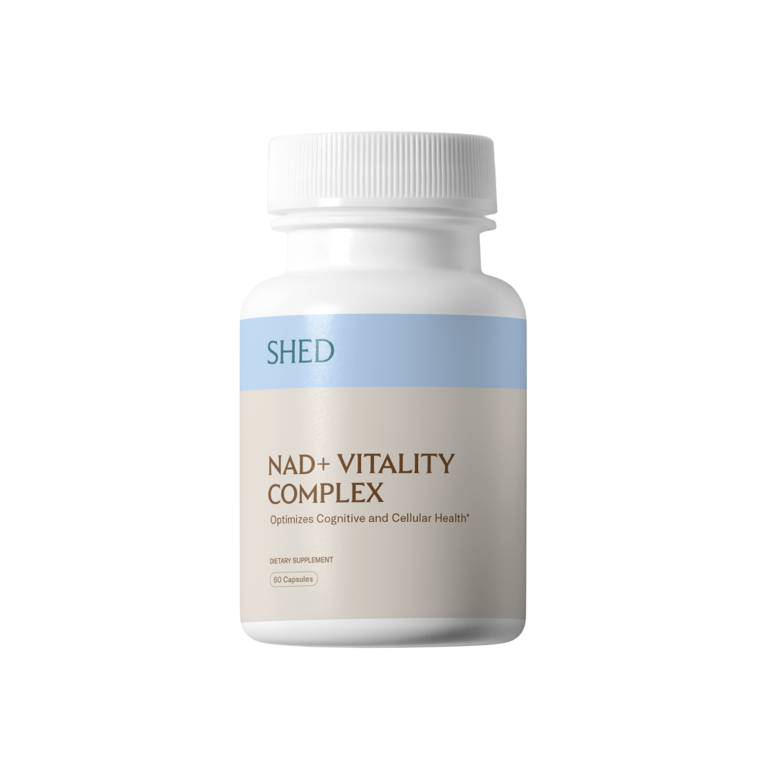 White bottle labeled 'NAD+ Vitality Complex' with blue and beige design.