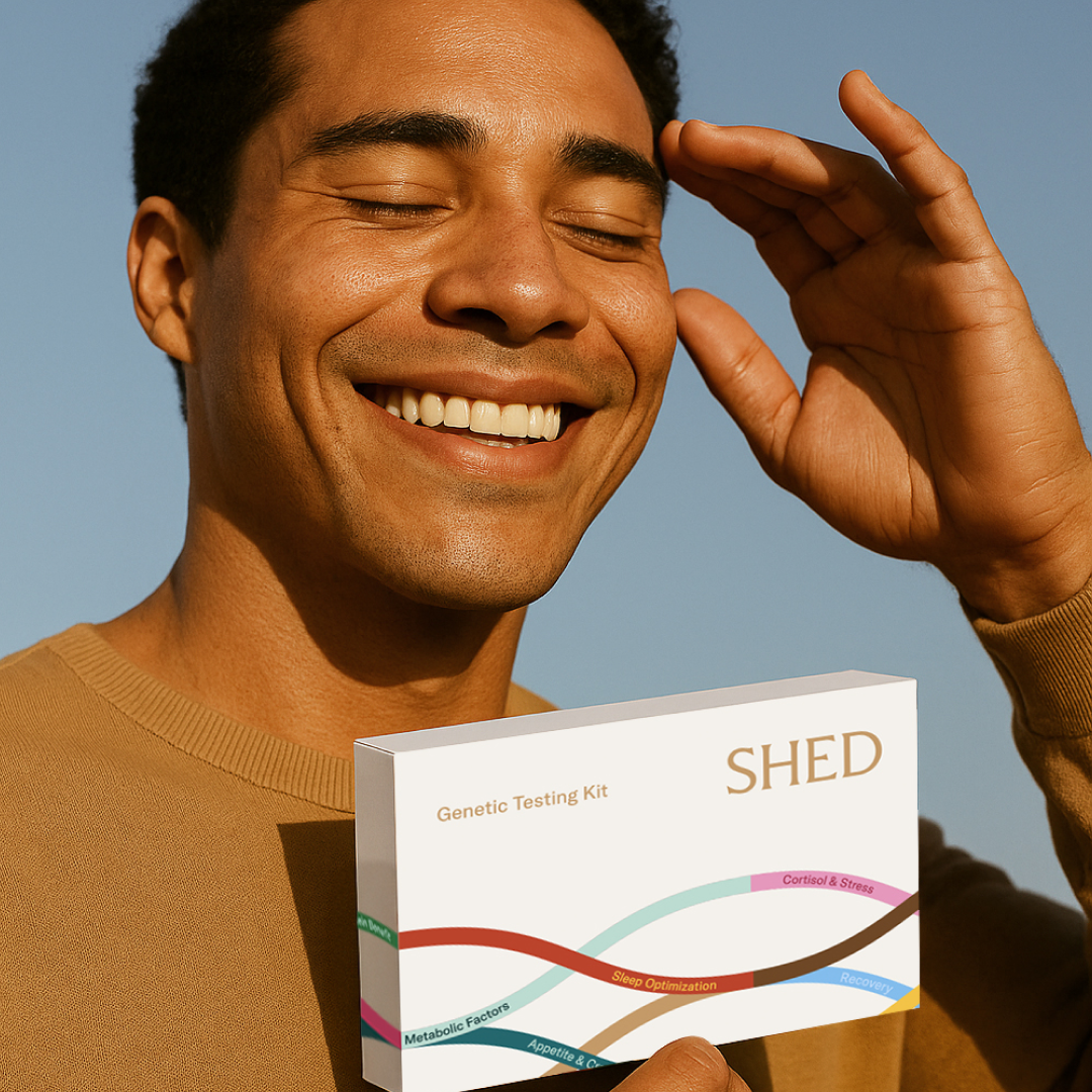 Smiling person holding a genetic testing kit box against a clear blue sky.
