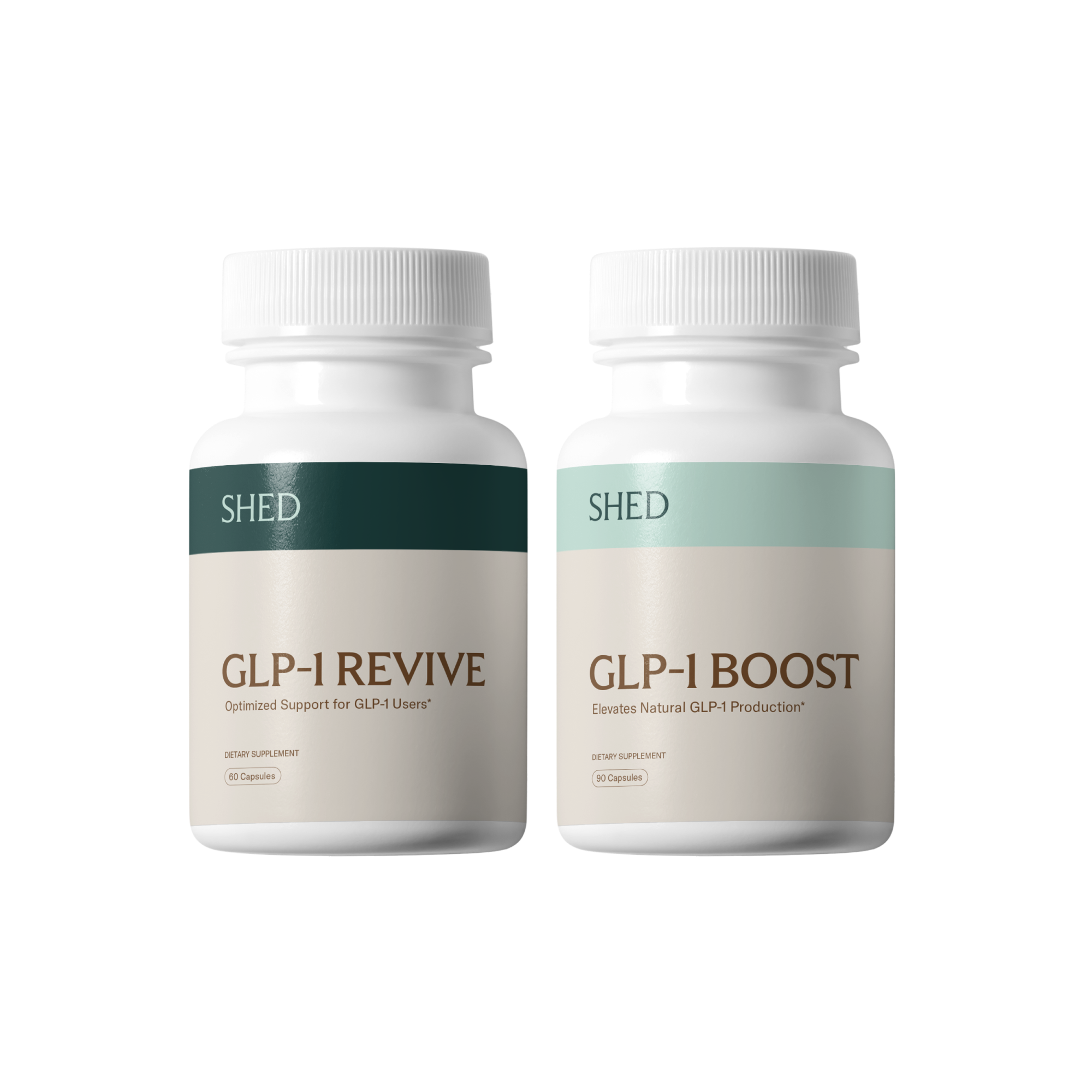 Two bottles labeled GLP-1 Revive and GLP-1 Boost by SHED.