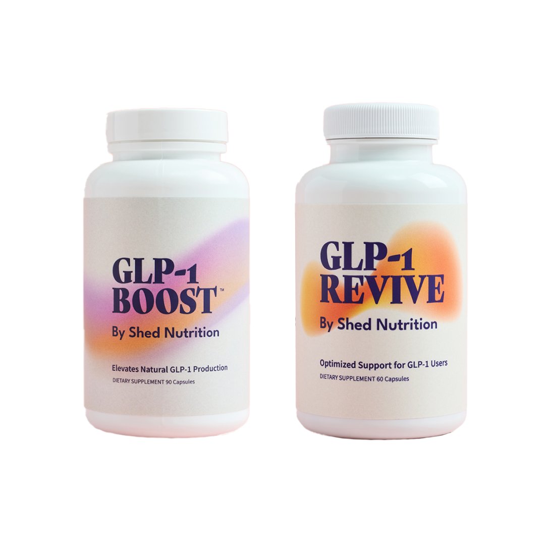 Two bottles of dietary supplements labeled GLP-1 Boost and GLP-1 Revive by Shed Nutrition.