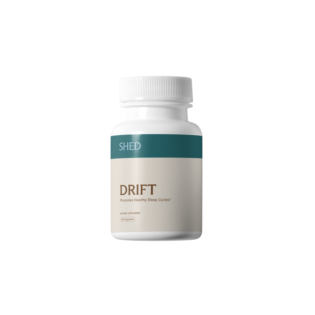 White bottle labeled 'DRIFT' with teal and beige design, promoting healthy sleep cycles.
