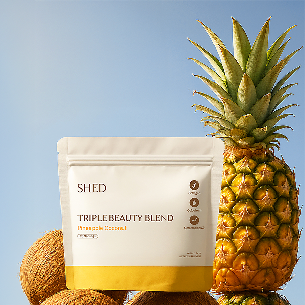 Package labeled 'Shed Triple Beauty Blend' with pineapples and coconuts.
