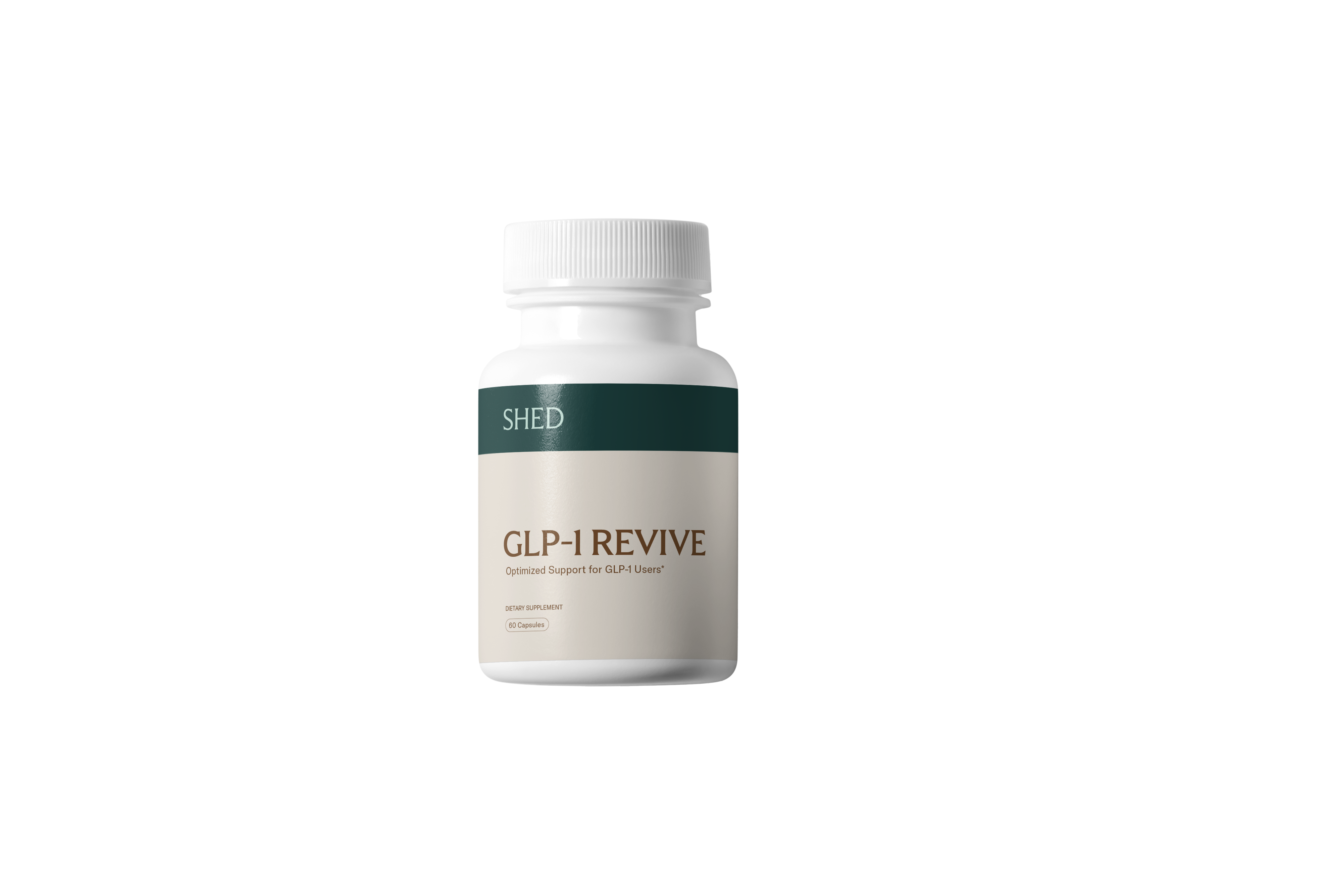 White bottle labeled 'GLP-1 Revive' with green and beige design.