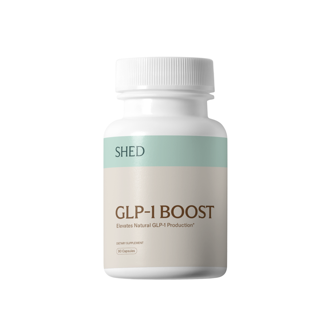 White bottle labeled 'GLP-1 BOOST' with a green and beige design.