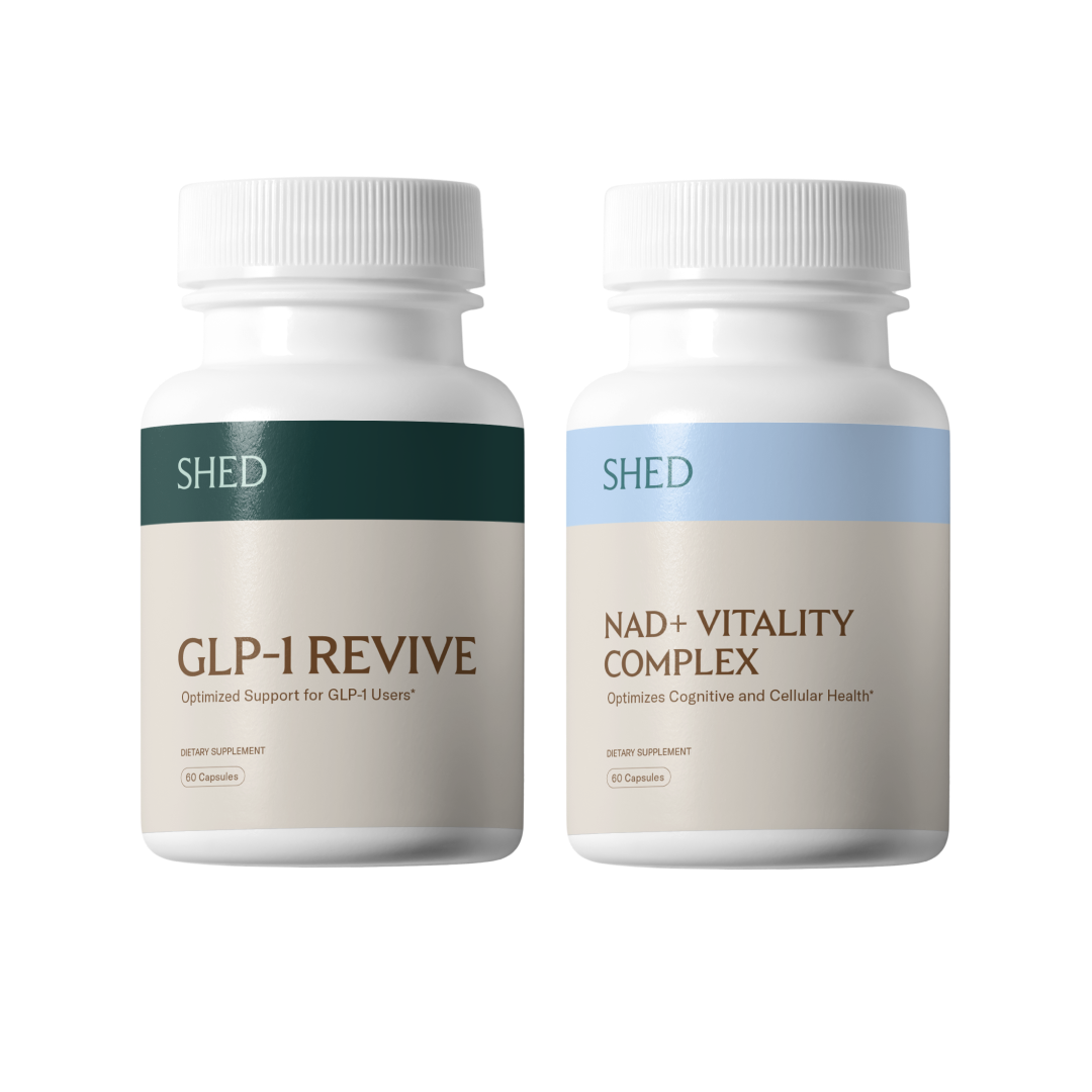 Two bottles of dietary supplements labeled GLP-1 Revive and NAD+ Vitality Complex.