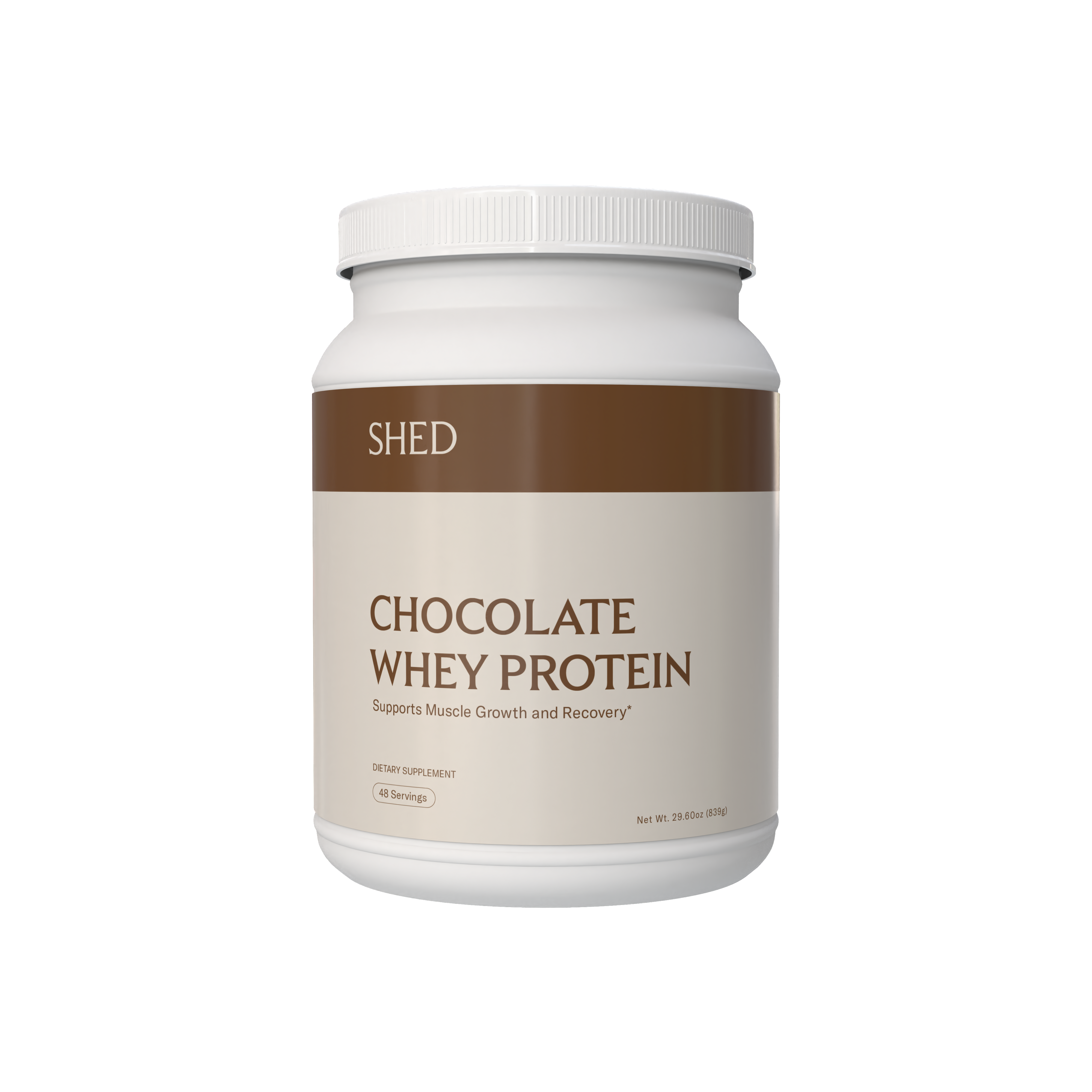 Container of chocolate whey protein with brown and white label.