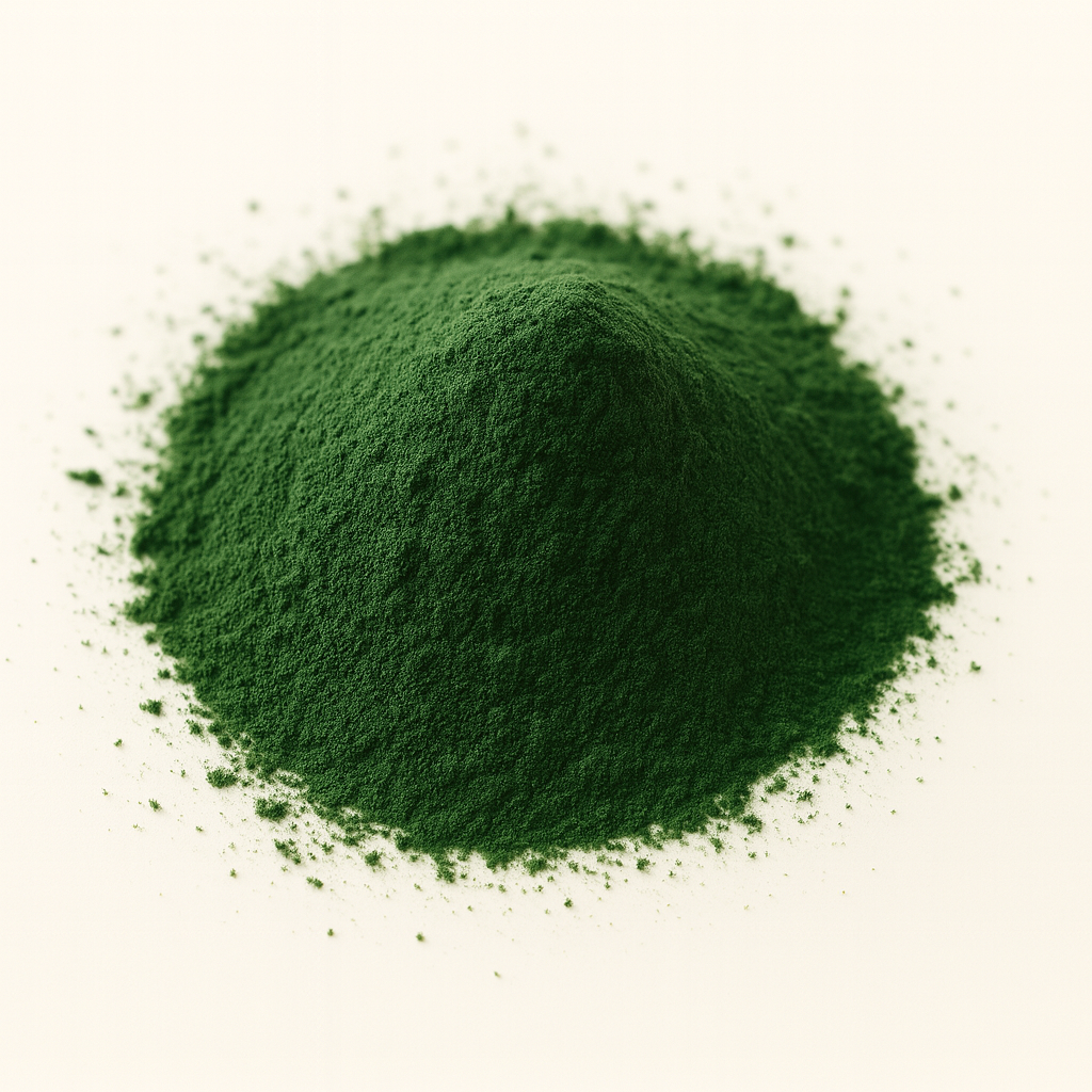 A mound of fine green powder on a white background.