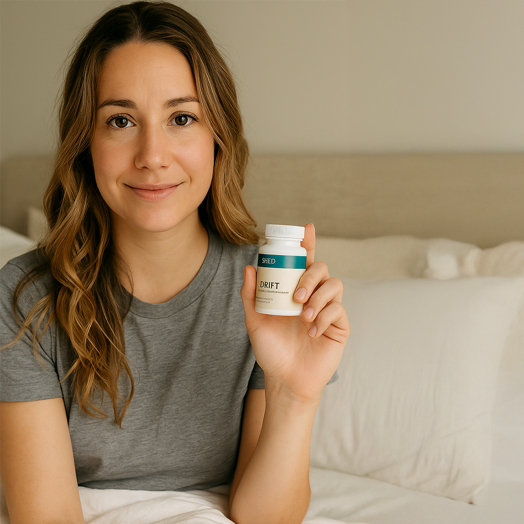 Woman in bed holding a bottle labeled 'Drift' with a smile.